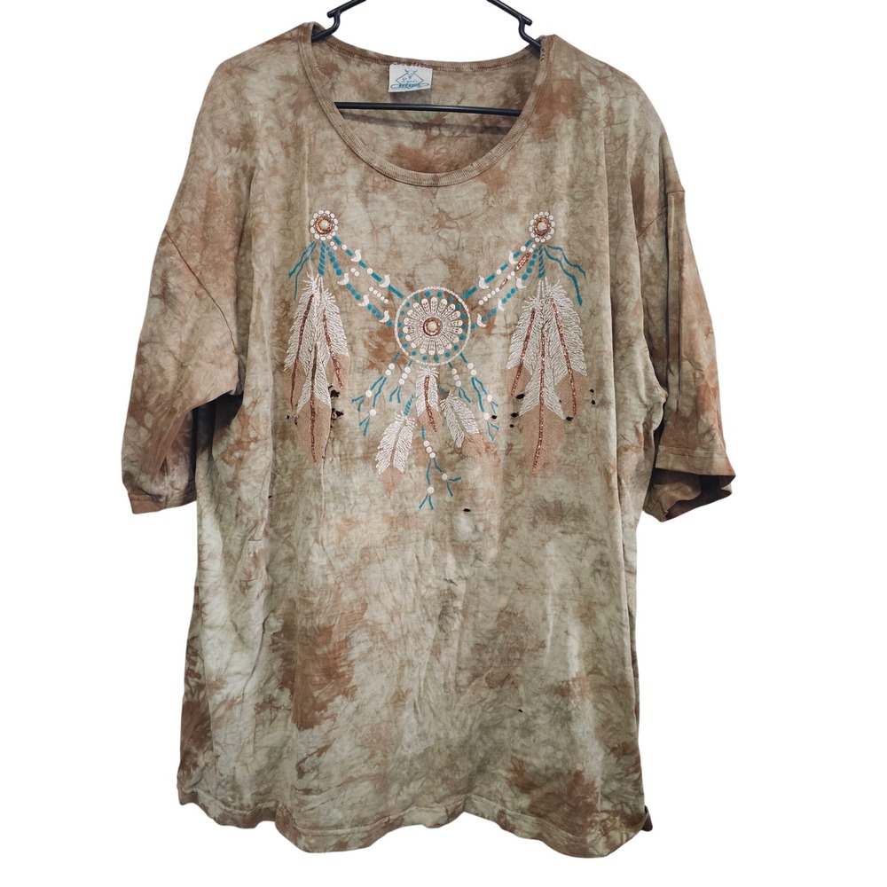 Lynee Apparel XL Tie Dye Dreamcatcher Graphic T-Shirt Beadwork Distressed Brown